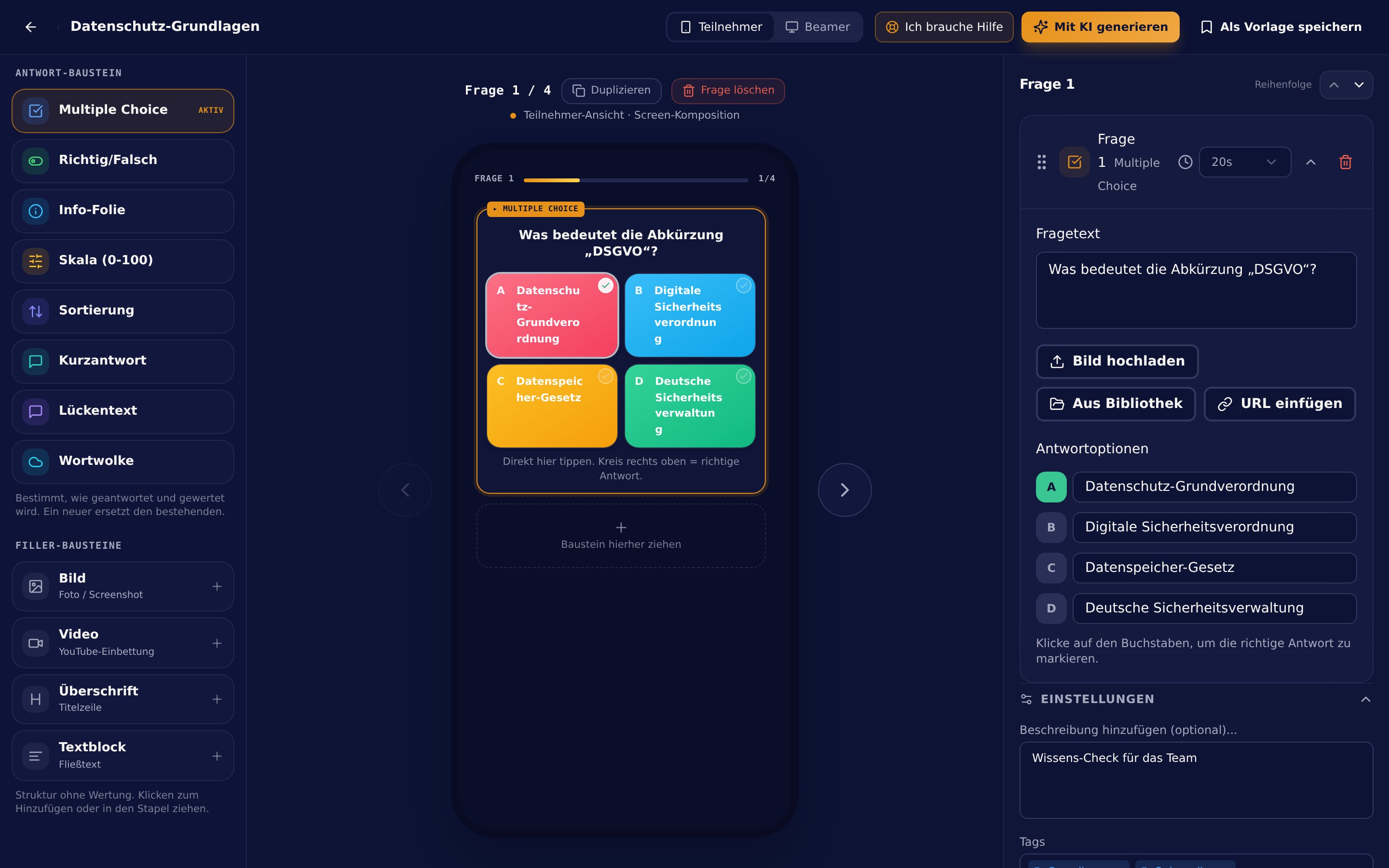 Quiz-Editor mit KI-generierten Fragen und Live-Vorschau